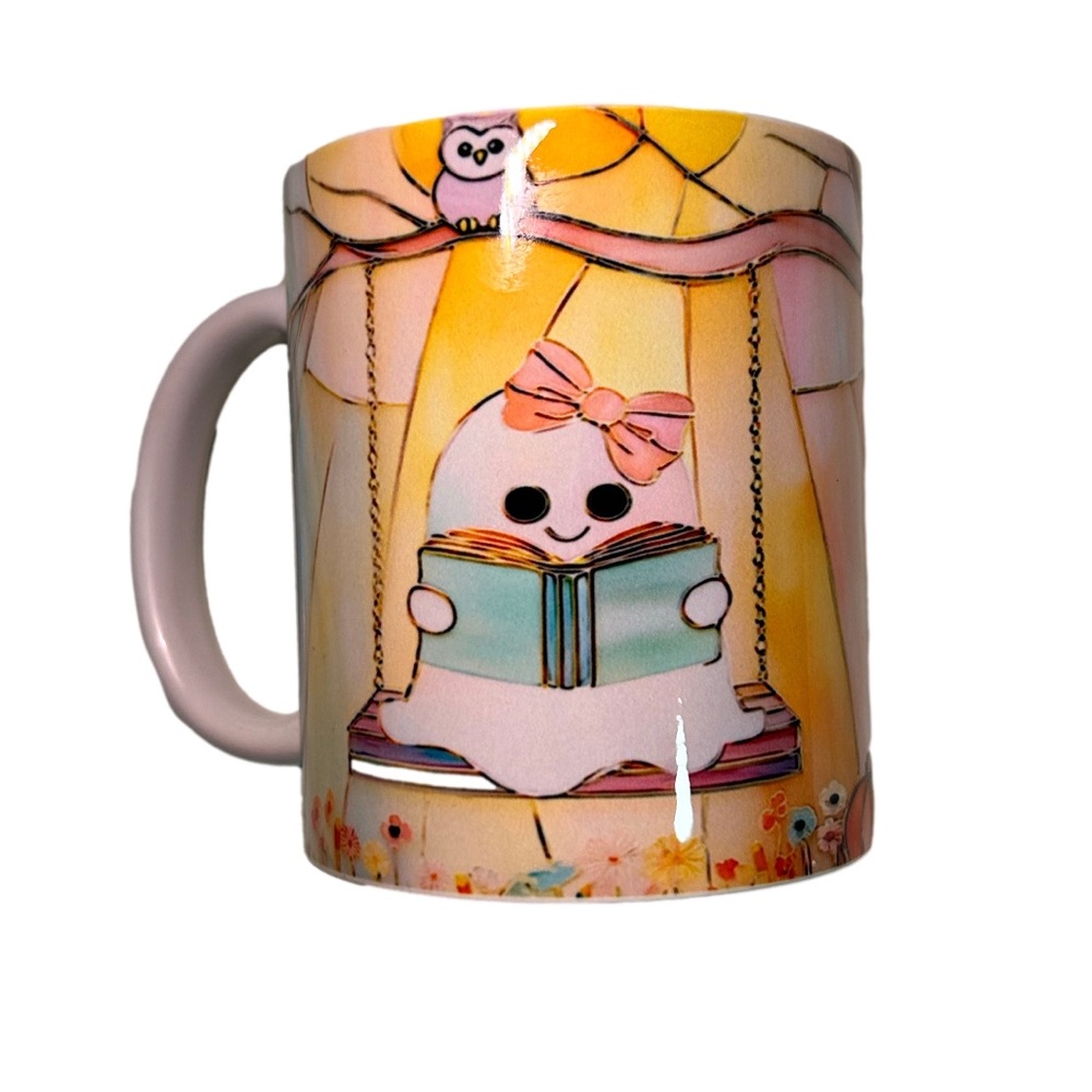 Ghost Reading Book Mug – Stained Glass Halloween Coffee Cup | NEW